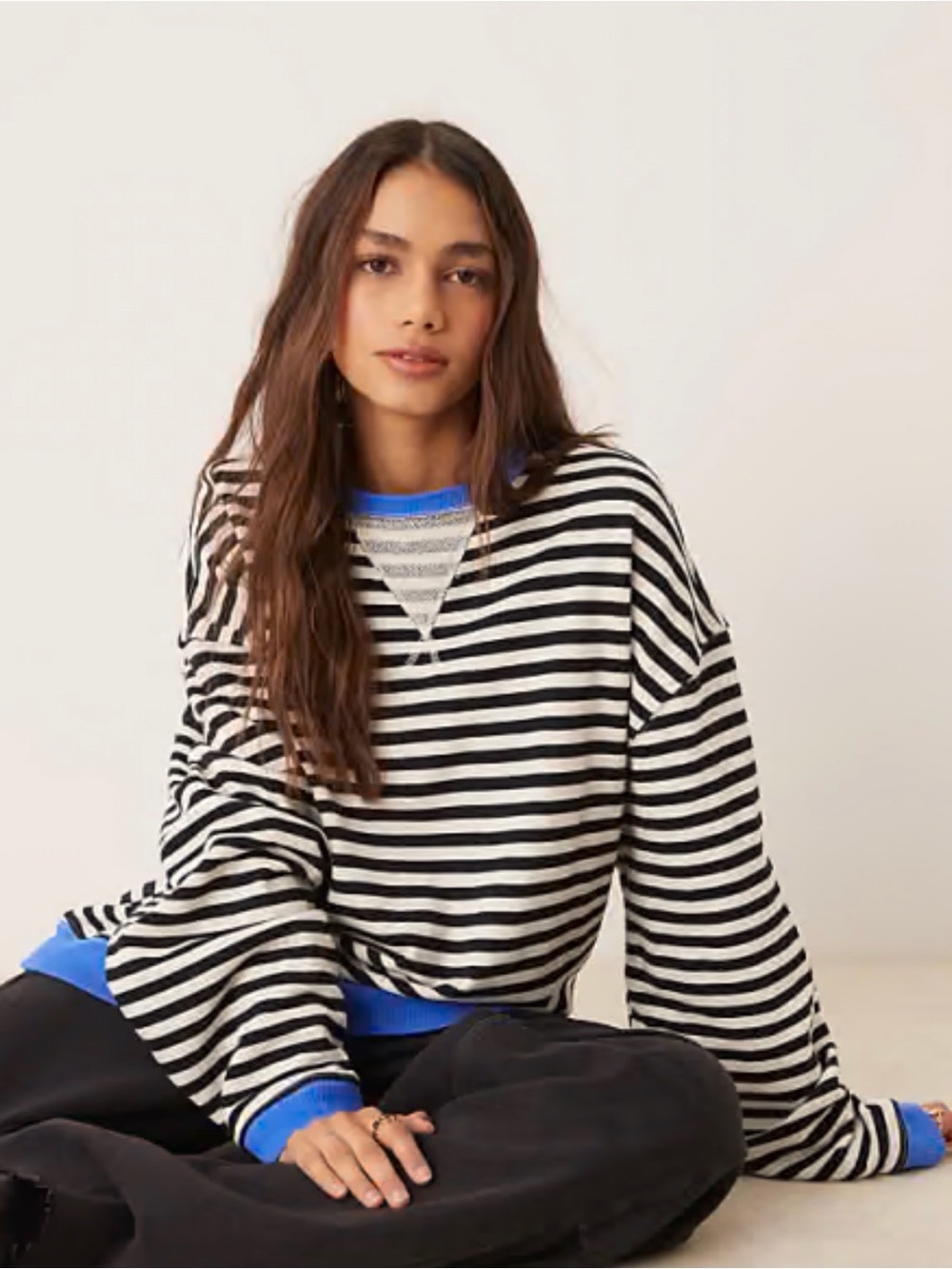 Free People Black & White Striped Crewneck Sweatshirt with Blue Trim
